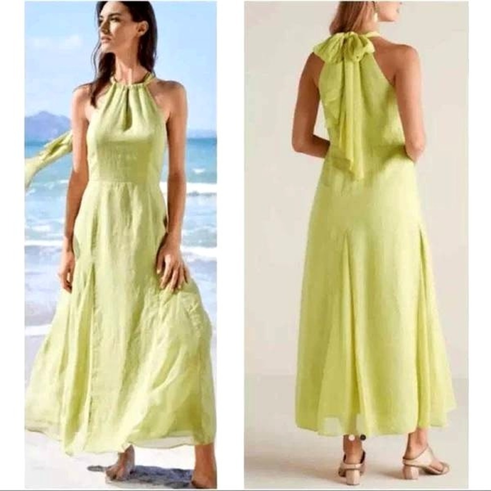 Soft Surroundings Soliloquy Linen Silk Dress Halter Neck Linden Green Maxi Large